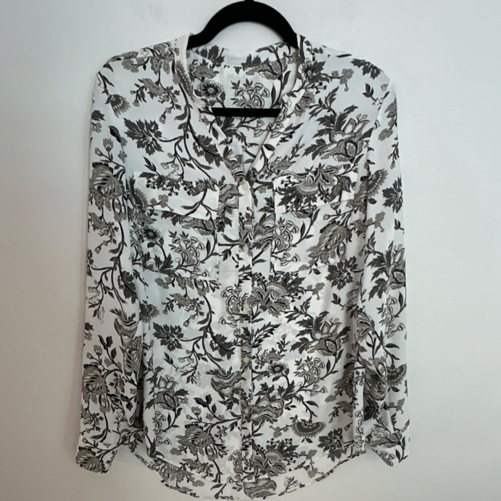 Women's White Black Floral‎ Collared Long Sleeve Button Blouse Casual super soft